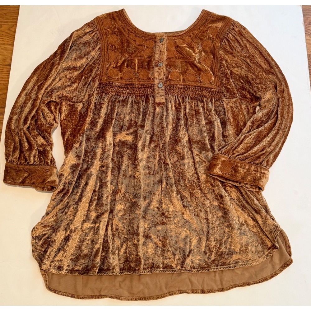 Tru Luxe Jeans Copper Crushed Velvet Embroidered Boho Tunic Top Brown Medium
